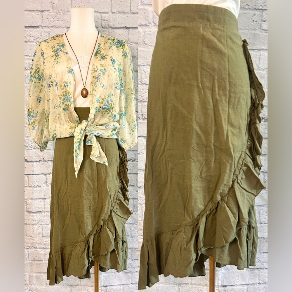 2 Piece Outfit Set Skirt w Kimono Olive Green Floral Asymmetrical Ruffled Fall